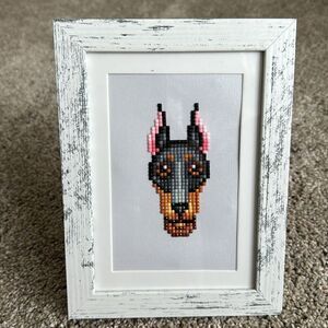 Handmade rhinestone embroidery Doberman breed framed art matted size 4 x 6